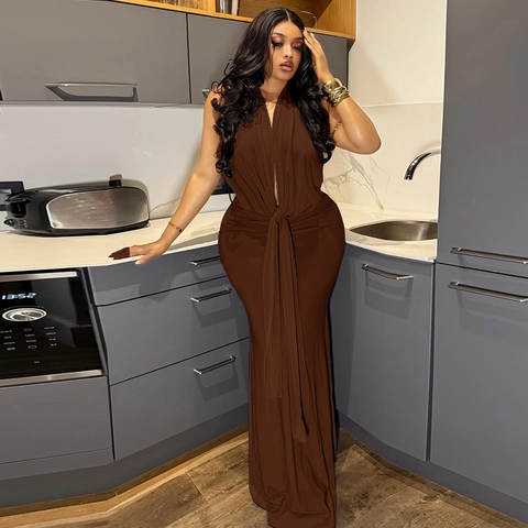 Halter Neck Backless Maxi Dress Ruched Waist Bodycon Sexy Front Knot Solid Color Street Style Night Out
