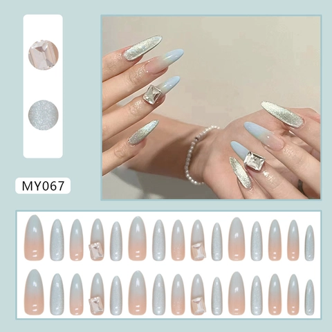 Gradient Katzenauge Mandel Aufpressnägel Lang Künstliche Fingernägel Mit Strasssteinen Eleganter Süßer Stil Für Damen