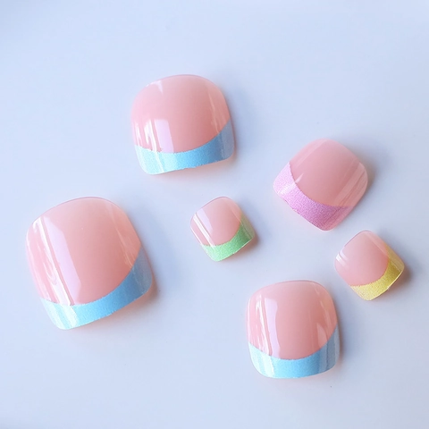 French Tip Toe Press On Nails Colorful Macaron Glossy Short Square False Toenails ABS Material For Women