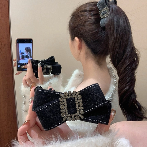 Fermaglio Per Capelli Con Fiocco In Tessuto Di Lana Elegante Con Fibbia Rettangolare Di Strass Stile Vintage Francese Per Donne