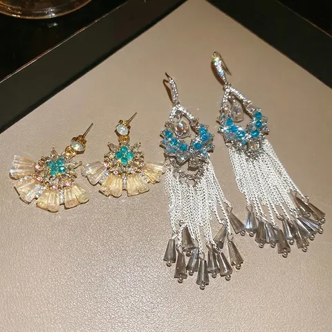 Orecchini Pendenti Fiore A Forma Di Ventaglio Lega Strass Cristallo Con Perno In Argento Sterling 925 Gioielli Eleganti