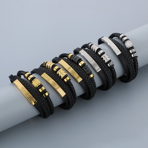Men Multi Layer Braided Leather Bracelet Stainless Steel Greek Key Pattern Magnetic Clasp Punk Fashion Jewelry