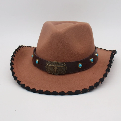 Cappello Fedora Western Cowboy per Uomo Donna Vintage Etnico Ala Larga Cappello da Sole Con Fibbia Testa di Toro e Turchese