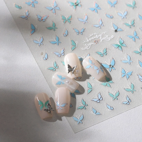 Butterfly Nail Art Stickers Gradient Blue Green Ultra Thin Self Adhesive Decals With Rhinestones Elegant Manicure Decoration