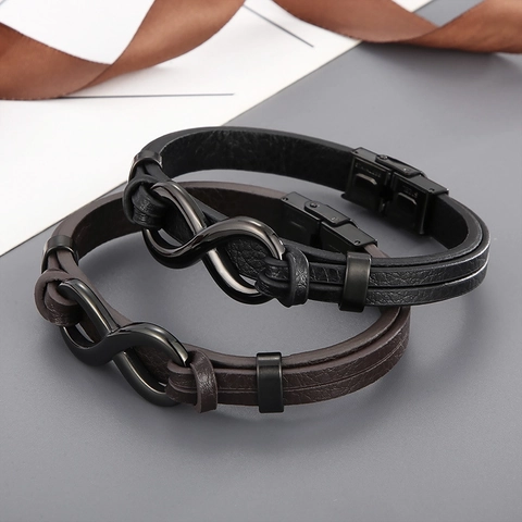 Bracciale Intrecciato Da Uomo Vera Pelle Di Vacchetta Acciaio Inossidabile Simbolo Infinito Punk Gioielli Casual