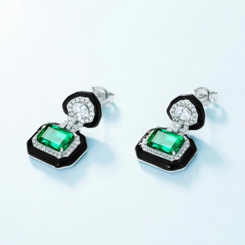 Boucles D'oreilles Émeraude De Laboratoire Vintage Argent Sterling 925 Avec Émail Noir Et Zirconium Style Art Déco