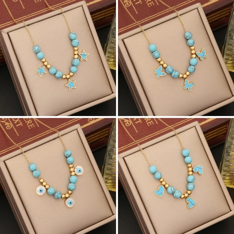 Stainless Steel Enamel Necklace Gold Plated With Turquoise Beads Heart Butterfly Star Evil Eye Pendants For Women