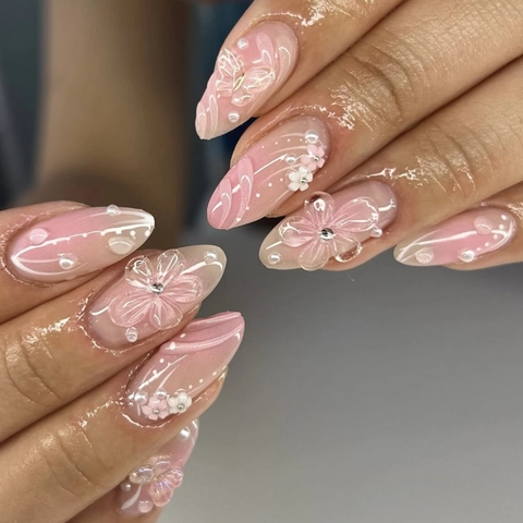 Press On Nails Mit 3D Blume Schmetterling Künstliche Perle Strass Pink Gradient Blush Französischer Stil Süßes Maniküre Zubehör