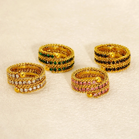 Bague Ouverte Ajustable Multicouche Acier Inoxydable Plaqué Or 18K Strass Colorés Texture Torsadée Bijoux Femmes