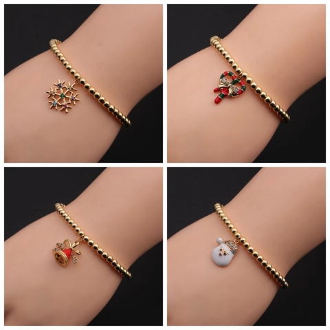 Bracciale Con Ciondoli Natalizi Perline Di Rame Con Pendenti In Smalto Zircone Colorato Babbo Natale Regolabile Gioielli Festivi