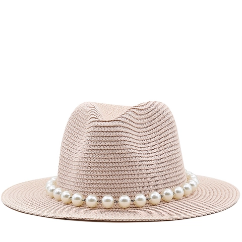 Women Straw Fedora Hat With Artificial Pearl Chain Sun Protection Breathable Beach Summer Elegant Panama Style