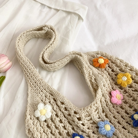 Women Crochet Tote Bag Knit Hollow Out Shoulder Bag Large Capacity Summer Beach Vacation Textured Flower Decor Handbag