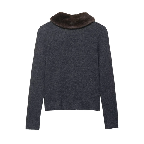 Women Knit Cardigan Faux Fur Collar Long Sleeve Elegant Sweater Coat Autumn Winter Warm Solid Color Covered Buttons Jacket