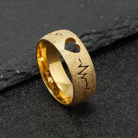 Frosted Stainless Steel Ring Hollow Heart Heartbeat Line EKG Fashion Jewelry Unisex