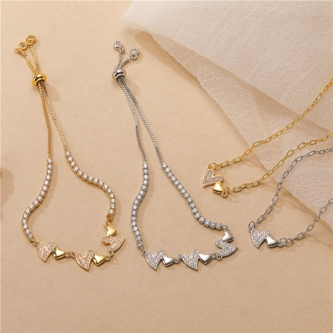 Copper 18K Gold Plated Double Heart Necklace Bracelet Jewelry Set Zirconia Inlaid Adjustable Jewelry Set For Women Jewelry