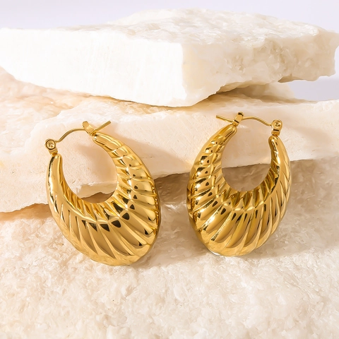 U Shaped Hoop Earrings Stainless Steel 18K Gold Plated Spiral Croissant Texture Hollow French Vintage Jewelry For Women