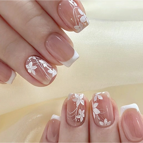 Nude Pink French Press On Nails White Floral Glossy Square Artificial Fingernails Sweet Elegant Style For Women