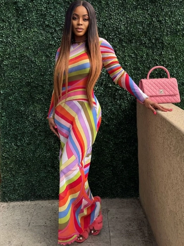 Sexy Mesh Bodycon Maxi Jurk Ronde Hals Lange Mouwen Psychedelische Swirl Print Kleurrijk Vintage Streetwear Dames