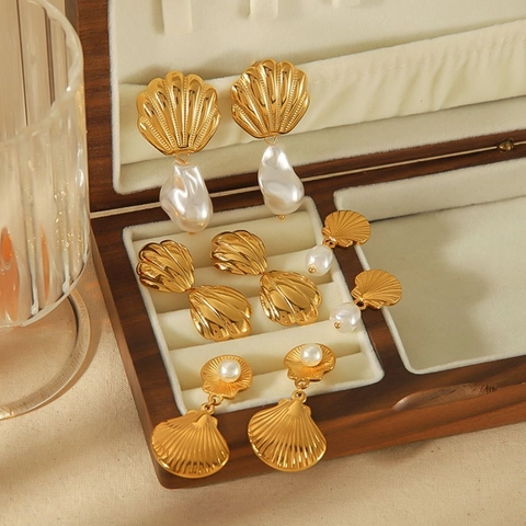 Shell Stud Earrings With Artificial Pearl 18K Gold Plated Stainless Steel French Vintage Elegant Jewelry For Women