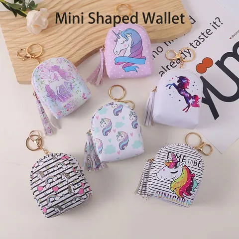 Unicorn Mini Backpack Coin Purse Keychain PU Leather Zippered Cartoon Print Tassel Earphone Cable Organizer