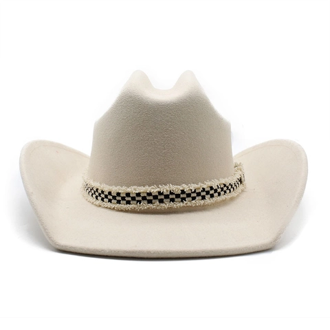 Vintage Western Cowboy Hat Wool Felt Jazz Fedora With Checkerboard Ribbon Tassel Trim Wide Brim Retro Unisex