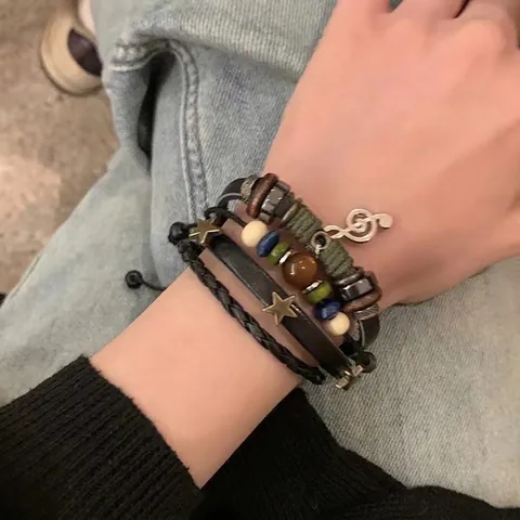 Multilayer Leather Bracelet Retro Musical Note Star Charm Alloy Wood Beads Hand Woven Adjustable For Women Men