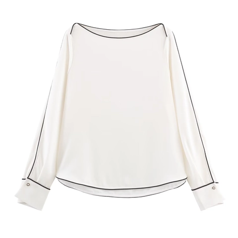 Blusa Mujer Hombros Descubiertos Manga Larga Ribete En Contraste Pullover Elegante Moda Satén Gasa Blanco Top Camisa