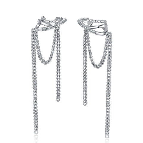 Moda Cobre Circonia Borla Larga Cadena Clip de Oreja Pendientes Sin Perforación Doble Capa Joyas Color Plata Para Mujer