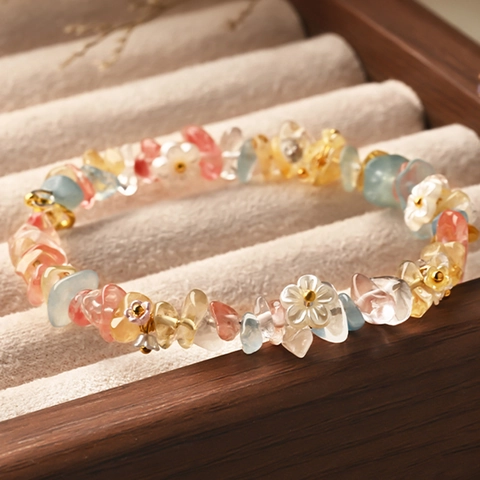 Colorful Crystal Gravel Bracelet For Women With White Shell Flower Charms Rainbow Multi Treasure Handmade Jewelry Gift