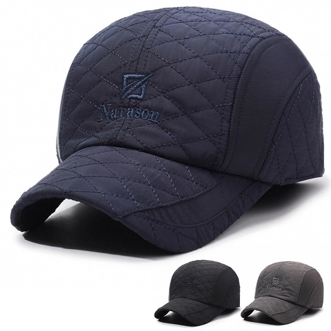 Men Winter Baseball Cap With Ear Flaps Quilted Warm Windproof Outdoor Casual Adjustable Polyester Hat