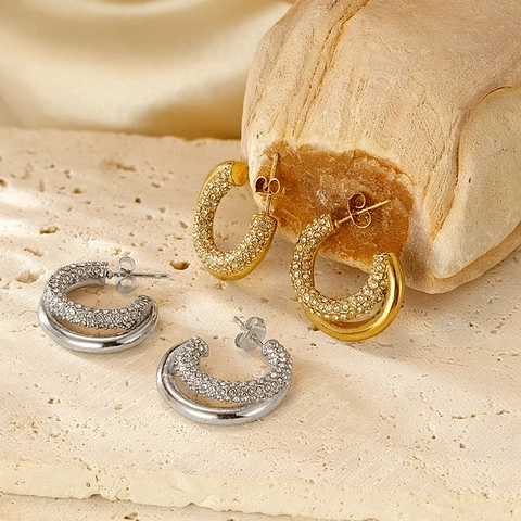 Pendientes De Aro En Forma De C De Acero Inoxidable 304 Chapado En Oro De 18K Doble Capa Circonita Patrón Trenzado