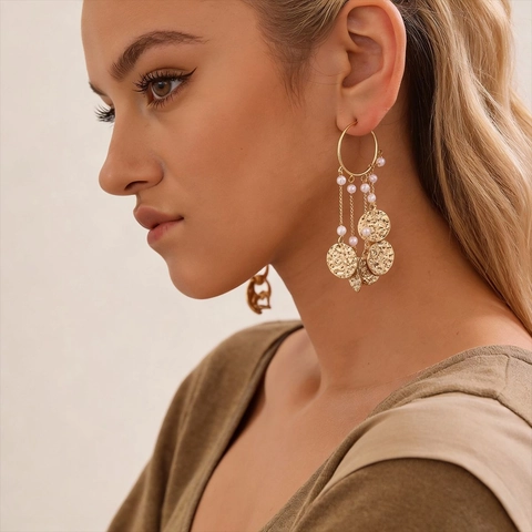 Bohemian Long Tassel Drop Earrings With Imitation Artificial Pearl Alloy Hammered Round Disks And Silver Earring Post