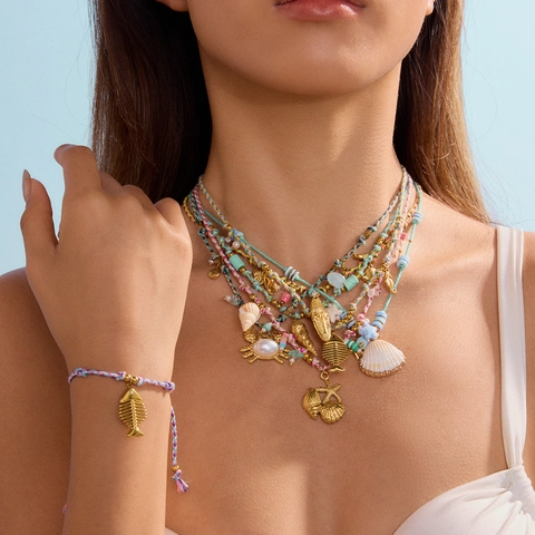 Stainless Steel Ocean Theme Necklace And Bracelet Bohemian Woven Rope Shell Starfish Pendant Beach Vacation Women