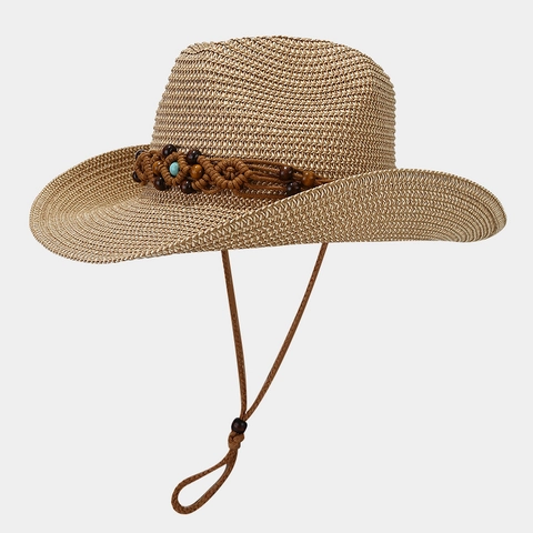 Western Straw Cowboy Hat Wide Brim Sun Protection With Wooden Beads And Turquoise Decor Adjustable Chin Strap For Women Vacation