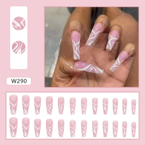 Uñas Postizas Largas Tipo Ataúd Diseño Ondas Rosa Y Blanco Resina Brillante Para Mujeres Manicura DIY