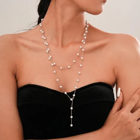 Elegant Double Layer Y-Shape Artificial Pearl Necklace Copper Chain French Vintage Minimalist Jewelry For Women Daily Wear