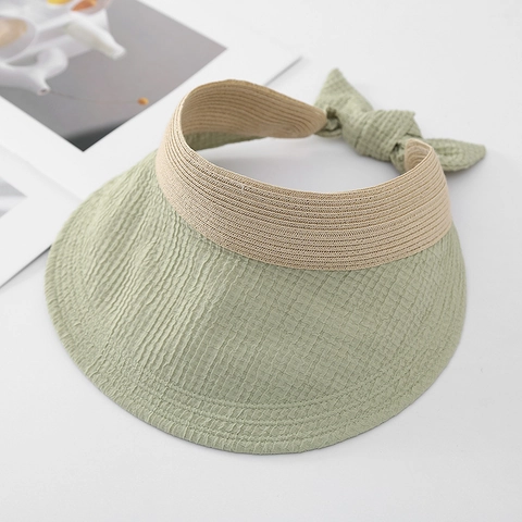 Damen Visier Hut Strohgeflecht Waffelgewebe Große Krempe Sonnenschutz Offen Hinten Schleife Sommer Strand Outdoor