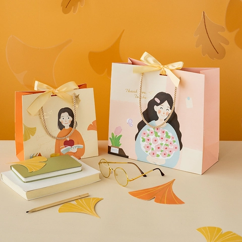 Illustration Paper Gift Bag With Satin Ribbon Bow Woven Handle For Teacher Appreciation Thank You Teacher Gift Wrapping