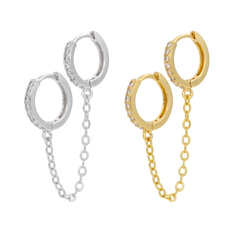 Kupfer Doppel Creolen Mit Kette Mikropave Zirkonia Geometrischer Streetstyle Schmuck Für Damen