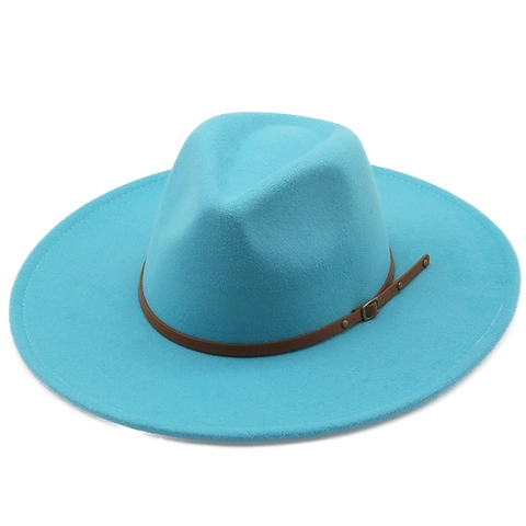 Wide Brim Fedora Hat Wool Felt Retro British Style Jazz Cap With Leather Band Metal Buckle For Men Women