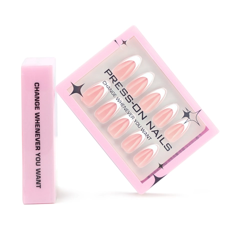 French Tip Press On Nails Almond Shape Nude Pink White Edges Short Fake Nails For Women Glossy DIY Manicure
