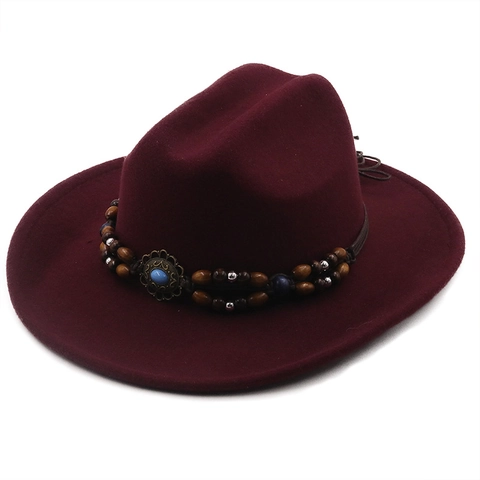 Cappello Fedora In Feltro Di Lana Da Donna Tesa Larga Cowboy Western Con Fascia Di Perline Etniche Stile Vintage