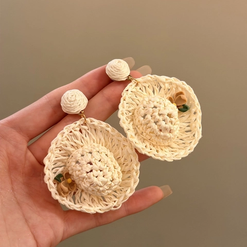 Handmade Woven Straw Hat Stud Earrings With Silver Earring Post Summer Beach Raffia Vacation Style Jewelry For Women