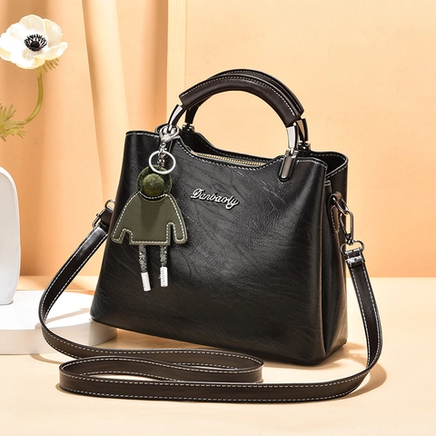 Women Shoulder Bag PU Oil Wax Leather Top Handle Crossbody Retro Small Square Tote With Green Doll Charm Multi-Pocket