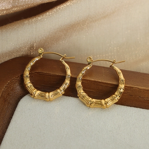 Vintage Bamboo Joint Texture Hoop Earrings Titanium Steel Gold Plated Geometric Fashion Jewelry Women