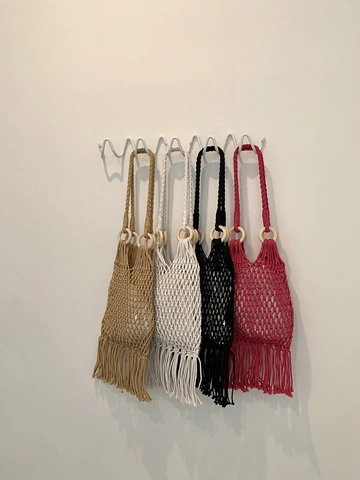 Handwoven Shoulder Bag Cotton Rope Macrame Tassel Hollow Out Beach Vacation Bohemian Style Handbag For Women Novelty