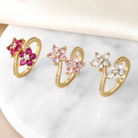 Mode Doppel Blume Kupfer Zirkonia Offener Ring Für Damen Verstellbar Gold Überzogen Minimalistisch Floral Finger Ring Schmuck