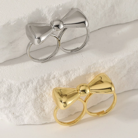 Mode Kupfer Schleife Doppelfingerring Für Damen Einstellbare Öffnung Gold Silber Überzogen Geometrischer Statement Ring Schmuck