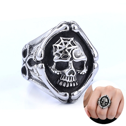 Stainless Steel Skull Ring Gothic Spider Web Vintage Punk Biker Style Men Band Jewelry