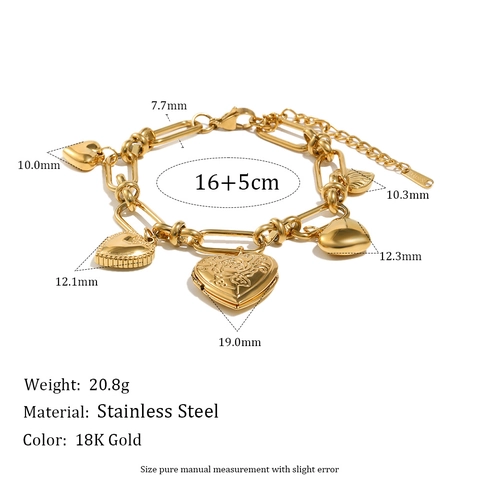 Stainless Steel Heart Locket Pendant Bracelet 18K Gold Plated Cuban Chain OT Buckle Rose Embossed Fashion Jewelry For Women